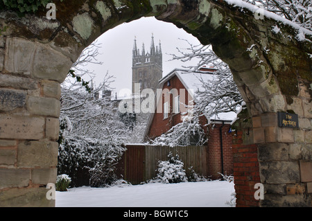St. Mary`s Church seen from The Butts with snow, Warwick, Warwickshire, England, UK Stock Photo